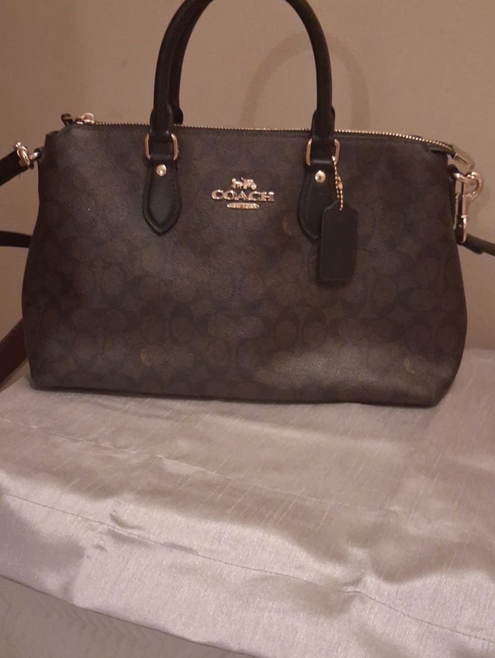 Coach Brown Cc Monogram Zip Top Handbag.